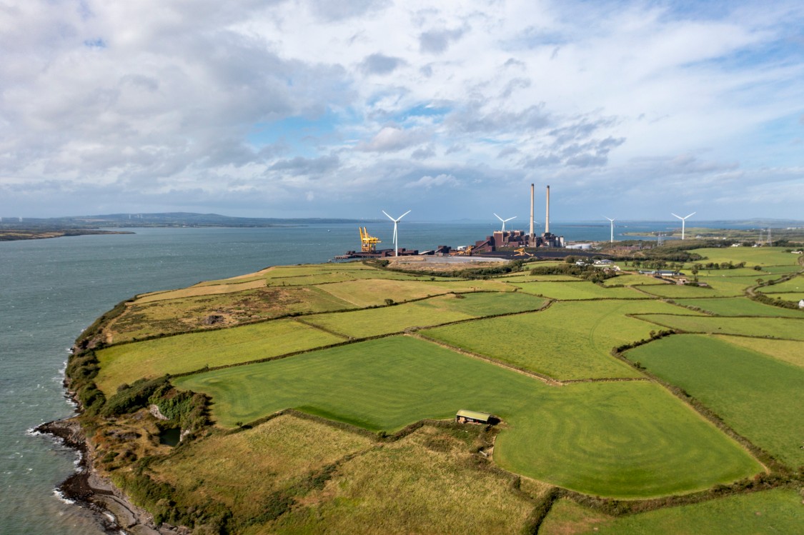 Moneypoint Power Station and surrounding fields on the Mid-West Irish coast